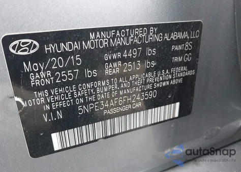 2015 Hyundai Sonata Sport z USA, uszkodzony, nr VIN 5NPE34AF6FH243590